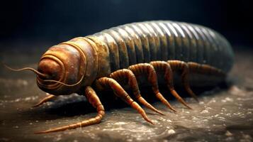 Detailed close up of a large armored bug crawling on a textured surface photo