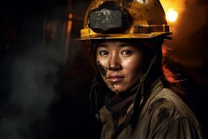 Hardworking miner with serious expression in dark underground setting photo