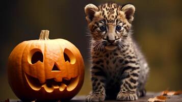 Cute leopard cub and halloween pumpkin photo