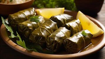 Stuffed grape leaves with lemon wedges photo