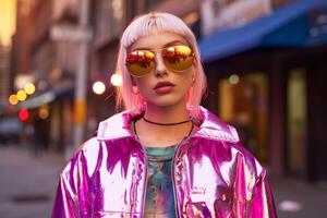 young woman with pink hair wearing sunglasses and a metallic jacket photo