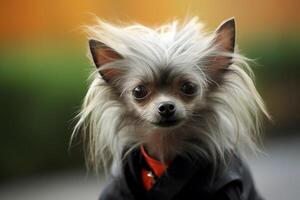 Adorable fluffy dog with windblown fur photo
