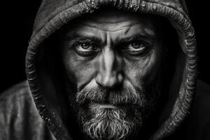 Intense gaze of a bearded man in a hooded jacket photo