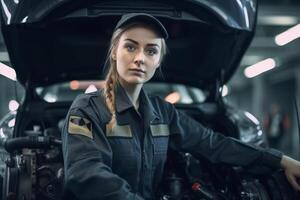 Confident female mechanic working on car engine photo