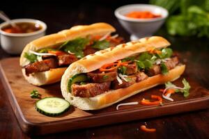 Delicious Vietnamese banh mi sandwich with pork, vegetables, and spicy sauce photo