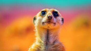 Curious meerkat looking up with colorful sky background photo