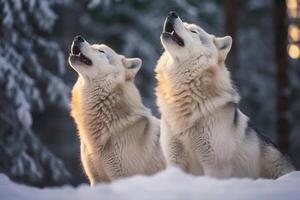 Howling arctic wolves in snowy forest photo