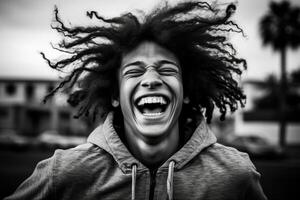 Joyful expression of a person with curly hair photo