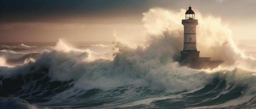 Powerful waves crashing against a lighthouse during a storm photo