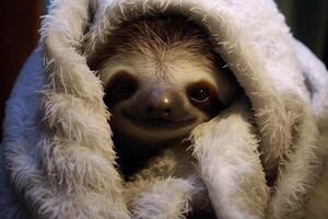 Cute sloth peeking out from fluffy white fur photo