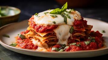 Delicious homemade lasagna with tomato sauce and melted cheese photo