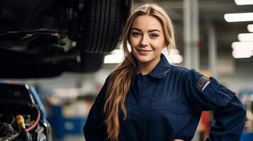 Smiling female mechanic in blue overalls photo