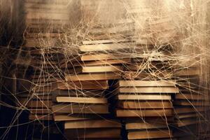Stacks of old books with cobwebs photo