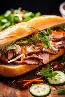 Delicious Vietnamese banh mi sandwich with roasted pork, pickled vegetables, and fresh herbs photo