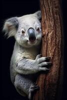 Curious koala peeking out from behind tree trunk photo