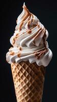 Delicious soft serve ice cream in a waffle cone photo