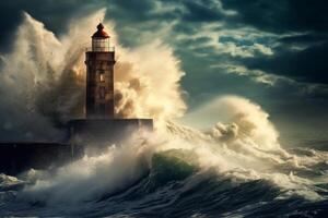 Dramatic lighthouse scene with crashing waves photo