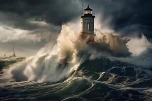 Powerful waves crashing against a lighthouse during a storm photo