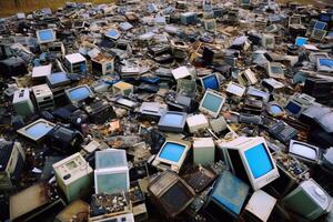 Piles of discarded electronic devices and computers photo