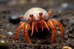Vibrant orange crab with large claws on rocky surface photo