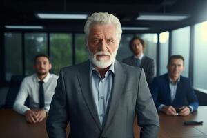 Confident businessman leading team in office photo