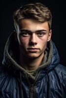 Brooding young man in dark jacket photo