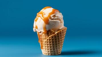 Delicious ice cream in waffle cone with caramel sauce photo