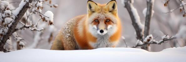 Curious red fox in snowy winter forest photo