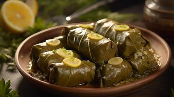 Stuffed grape leaves with lemon garnish photo