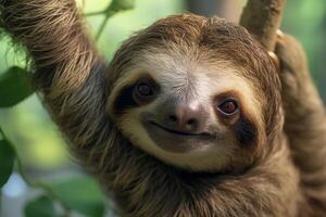 Closeup of a smiling sloth in the jungle photo