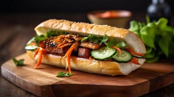 Delicious Vietnamese banh mi sandwich with grilled pork, vegetables, and herbs photo