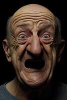 Frightening elderly man with wrinkled face and wide open mouth photo