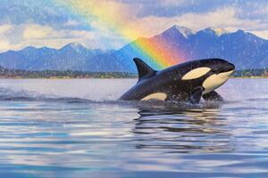 orca whale jumping out of water with rainbow in background photo