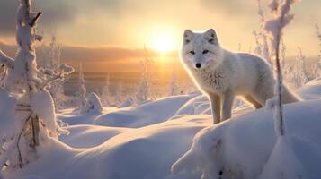 Majestic white arctic fox in snowy winter landscape photo