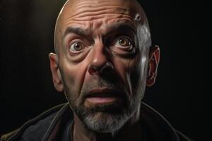 Intense facial expression of a bald, bearded man with piercing eyes photo