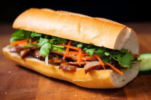 Delicious Vietnamese banh mi sandwich with pork, vegetables, and herbs photo