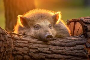 Sleeping piglet resting on a log photo