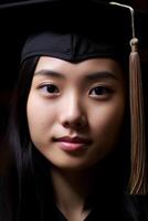 Thoughtful graduate student in black cap and gown photo