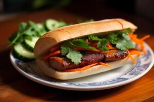 Delicious Vietnamese banh mi sandwich with pork, carrots, and cilantro photo