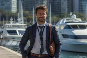Confident businessman standing in front of luxury yachts photo