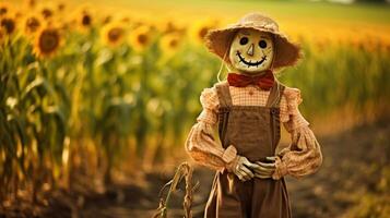 Smiling scarecrow in autumn field photo