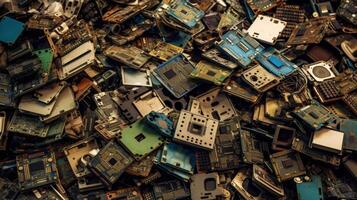 Pile of electronic circuit boards and computer components photo