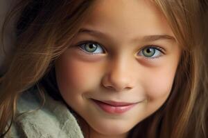 Closeup portrait of a smiling young girl with blue eyes photo