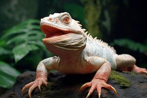 close up of a colorful lizard with an open mouth photo