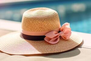Straw hat with pink bow on a sunny day photo