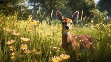 Curious deer in a field of flowers photo