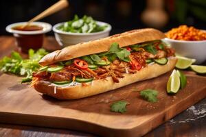 Delicious Vietnamese banh mi sandwich with pork, vegetables, and herbs photo