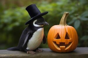 Penguin in top hat with halloween pumpkin photo