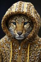 Leopard in hooded jacket photo