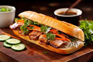Delicious Vietnamese banh mi sandwich with pork, carrots, and herbs photo